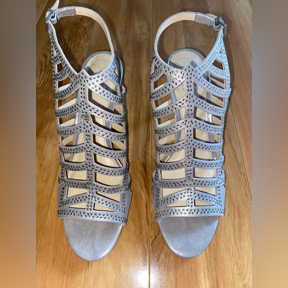 Vince Camuto Women's Patinka Heeled Suede Sandal in Color PEWTER - Size 9